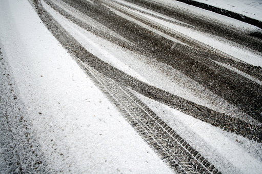 Wheel marks on the snow. Kaunas, Lithuania.