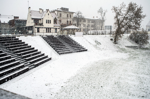 Grandstand covered in snow. Kaunas, Lithuania.