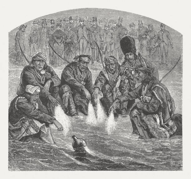 фрэнк гамильтон кушинг в индейцев зуни, ксилография, опубликовано 1888 - anasazi stock illustrations