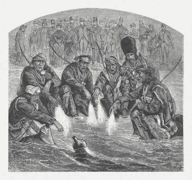 Frank Hamilton Cushing at the Zuni Indians, woodcut, published 1888 Frank Hamilton Cushing (American anthropologist and ethnologist, 1857 - 1900) at the Zuni Indians during a religious ritual on the seashore before filling of water bottles. Cushing made pioneering studies of the Zuni Indians of New Mexico by entering into their culture. He was an innovator in the development of the anthropological view that all peoples have a culture from which they draw. Wood engraving, published in 1888. puebloan peoples stock illustrations