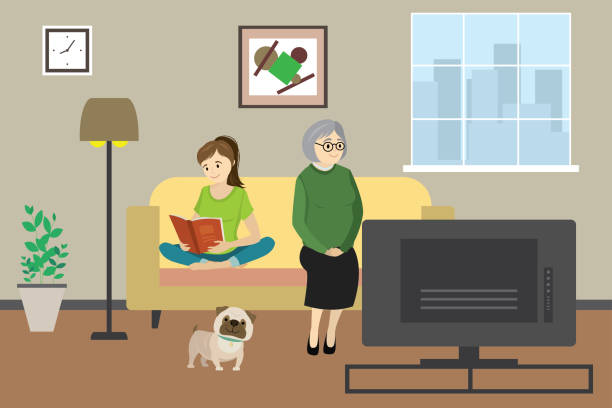 grandmother at home watching tv with dog and teenager read book Cartoon old woman or grandmother at home watching tv with dog and teenager read book,domestic interior with furniture,flat vector illustration bulldog reading stock illustrations