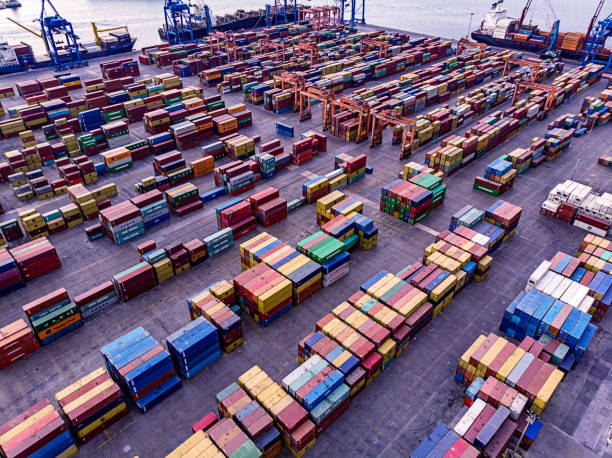 istock Aerial View of Dock with Containers 955399488