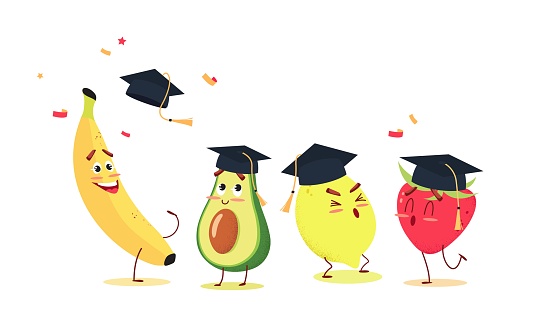 Ilustración de Frutas De Dibujos Animados Lindo En Casquillos De La  Graduación Celebra Graduación y más Vectores Libres de Derechos de  Emoticono - iStock