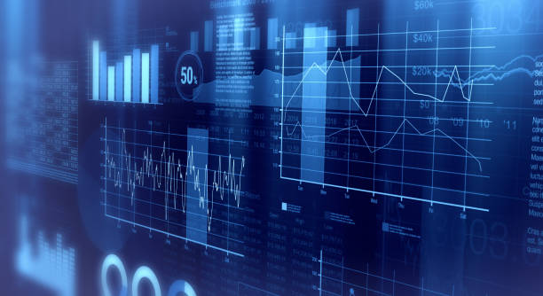 financial graphs background close-up view of financial graphs, bar, circle and line charts (3d render) business strategy stock pictures, royalty-free photos & images