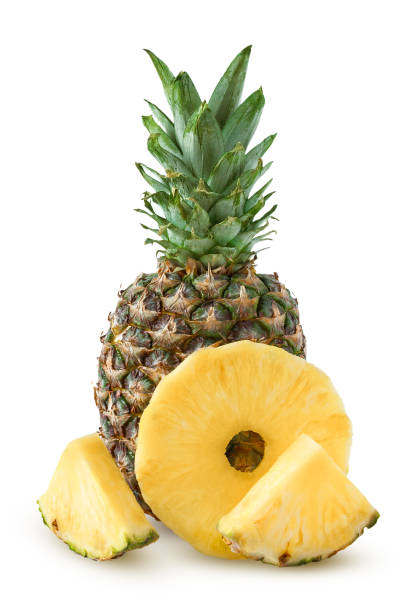 istock Tropical fruit pineapple, whole, round peeled slice and two quarters, isolated on white background 955412010