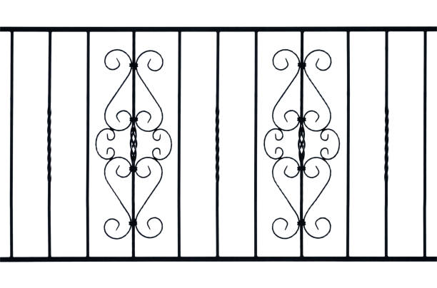 istock Black metal forged fence with ornate pattern, isolated on white background 955415492