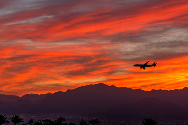 istock Silhouette of landing airplane at dawn 955424774