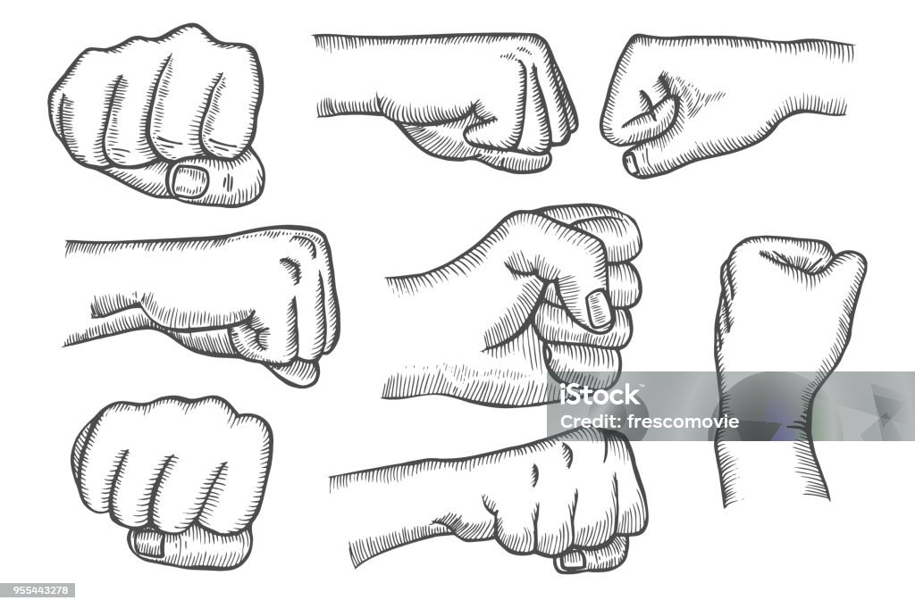 Set of fists Set of fists in vintage style isolated on white background. In the style of antique engraving, Vector illustration. Closed stock vector