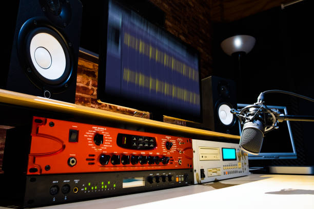 professional audio signal processor equipment in recording, broadcasting, editing, radio broadcast, voice actor studio stock photo