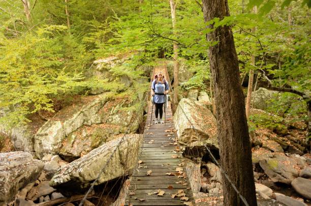 istock Young woman with backpack on swinging bridge 955452474