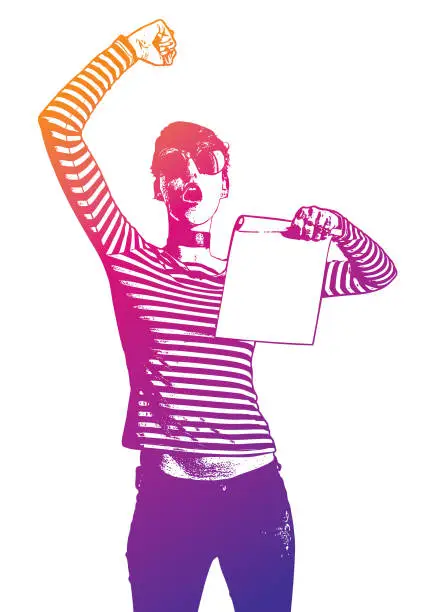 Vector illustration of Young woman protesting and holding sign and shouting