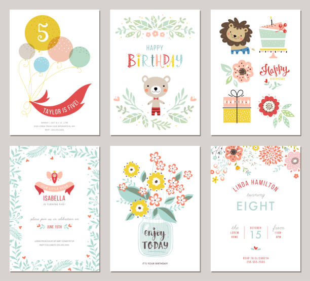 Happy Birthday Cards_03 Happy birthday invitations and greeting cards templates. Vector illustration. pink teddy bear stock illustrations