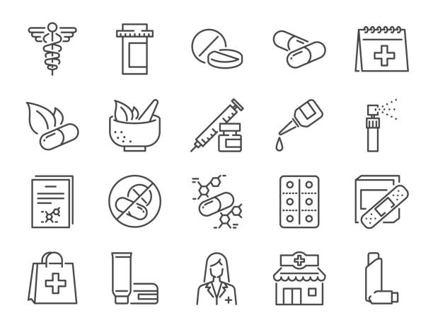 Pharmacy icon set. Included the icons as medical staff, drug, pills, medicine capsule, herbal medicines,  pharmacist, drugstore and more Pharmacy icon set. Included the icons as medical staff, drug, pills, medicine capsule, herbal medicines, pharmacist, drugstore and more medicine symbols stock illustrations