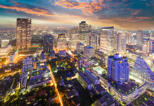 istock Panoramic view Cityscape business district from aerial view high building at dusk (Bangkok, Thailand) 955468944