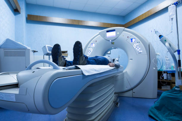 scanner in hospital laboratory. Health care, medical technology, hi-tech equipment and diagnosis concept stock photo