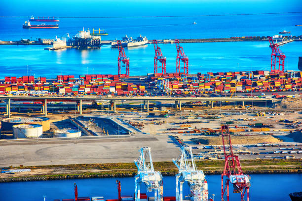 Port of Los Angeles Aerial Cargo ships, containers, and cranes in the largest port in the western United States, the Port of Los Angeles located in San Pedro, California just west of downtown LA, California.  This image was shot from an altitude of about 1000 feet. san pedro los angeles photos stock pictures, royalty-free photos & images