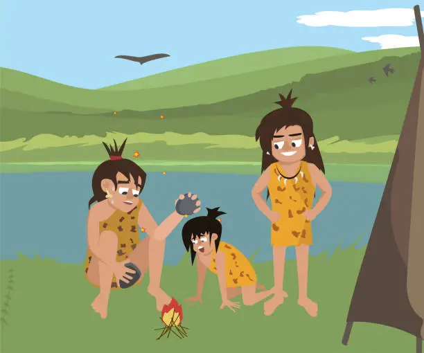 Vector illustration of caveman family at wild nature landscape vector cartoon