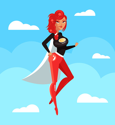 Strong happy smiling woman superhero fly in sky. Super girl concept element