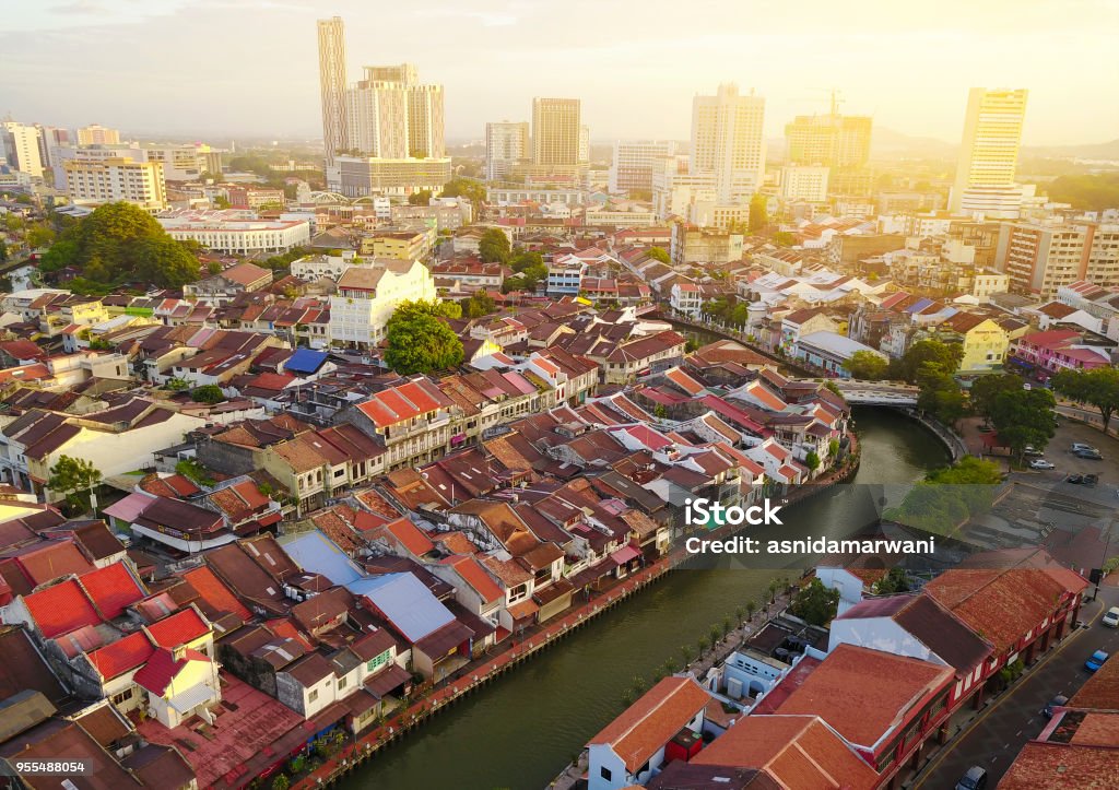 Luftaufnahme von Malacca Stadt bei Sonnenaufgang. - Lizenzfrei Alt Stock-Foto