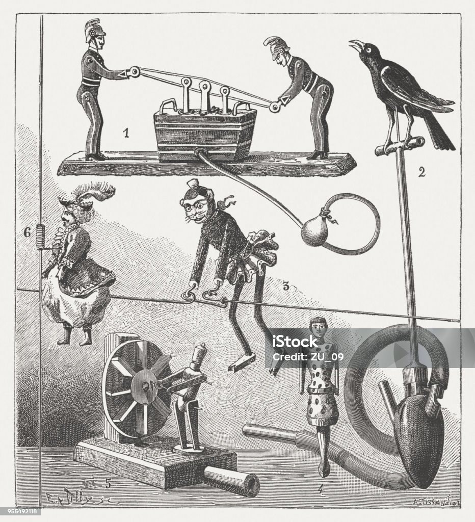 Simple children's toys from the past, wood engraving, published 1888 Simple children's toys from the past: 1) Movable fire-fighting sprayer with air drive; 2) Movable bird with air drive, water in the bladder additionally generates chirping noises; 3) Rotatable ape on a spindle; 4) Jumping figure by a elastic spring; 5) Air wheel with figure on the crank, by blowing into the pipe (right) the wheel and the arms of the figure move; 6) Climbing artist on a spiral, due to its own weight, the figure rotates from top to bottom around the spiral. Wood engraving, published in 1888. Clown stock illustration