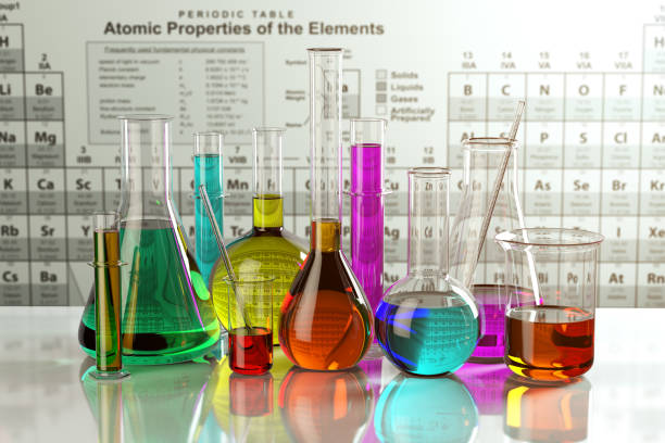 Test glass flasks and tubes with colored solutions on the periodic table of elements. Laboratory glassware. Science chemistry and research concept. 3d illustration\nAll textures were created me in Adobe Illustrator.