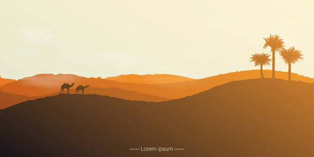 ilustraciones, imágenes clip art, dibujos animados e iconos de stock de paisaje del desierto con camellos y palmeras. - herbivorous animals in the wild camel hoofed mammal