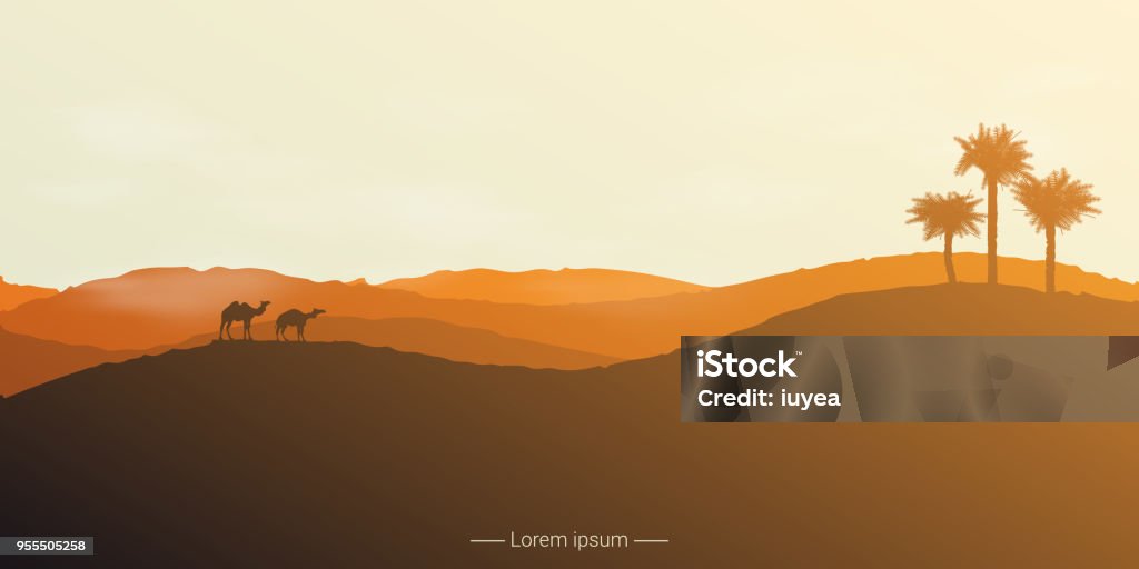 Landscape of the desert with camels and palm trees. Landscape of the desert with camels and palm trees. Vector illustration Desert Area stock vector