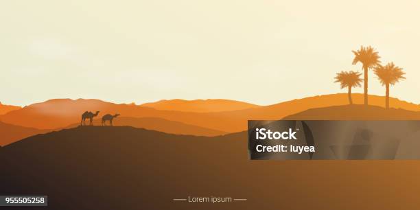 Landscape Of The Desert With Camels And Palm Trees Stock Illustration - Download Image Now