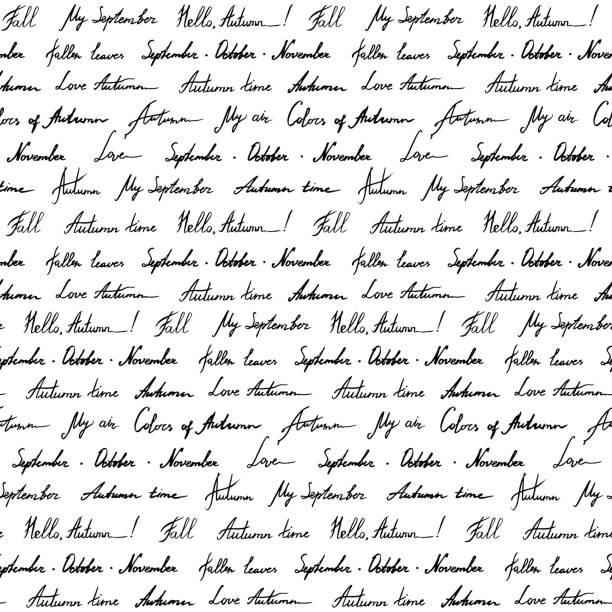 istock Autumn word phrase italic lettering ink monochrome black and white art vector seamless pattern texture background 955505504