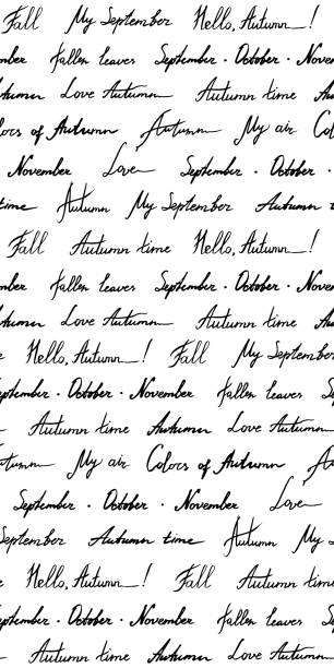 istock Autumn word phrase italic lettering ink monochrome black and white art vector seamless pattern texture background 955505754