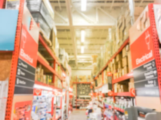 istock Blurred stack of electrical supplies at hardware store in USA 955506116