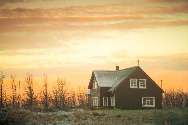 Horizontal shot of sunset in Iceland in the mountains, blue, yellow and orange colors