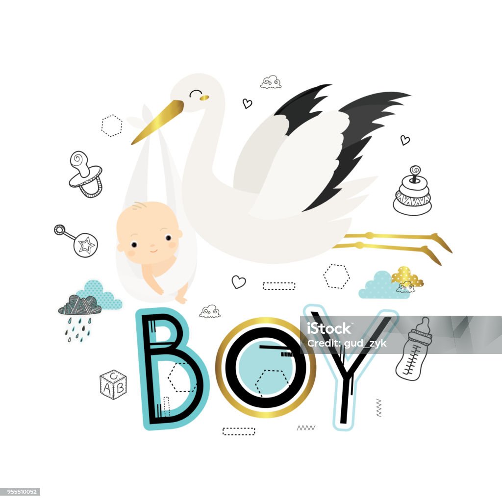 Stork with newborn baby boy Baby shower. It's a boy. Cartoon stork with newborn baby boy. Cute vector illustration. Baby Boys stock vector