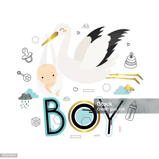 Stork With Newborn Baby Boy Stock Illustration - Download Image Now - Baby Boys, Animal, Animal Body