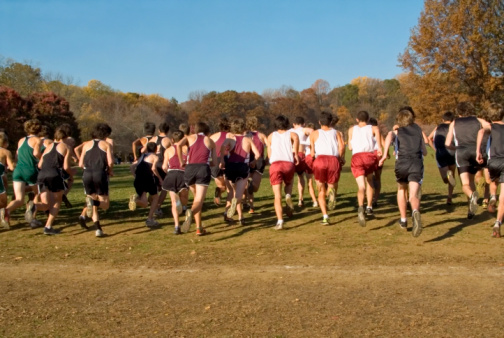 This is a shot of a bunch of runners at the start of a cross country race.