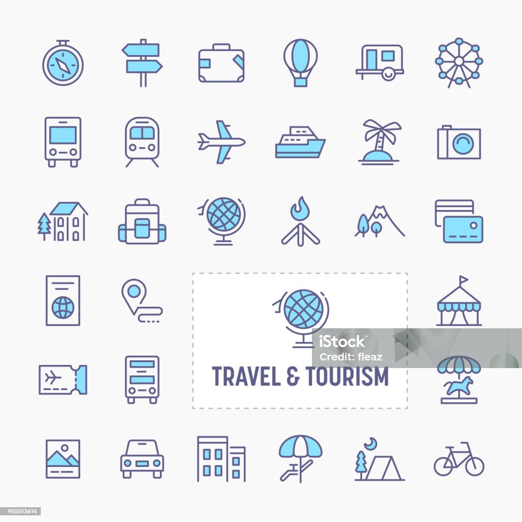 Travel & Tourism Minimal Icon Set Travel, tourism, vacation and recreation - thin line website, application & presentation icon. simple and minimal vector icon and illustration collection. Icon Symbol stock vector