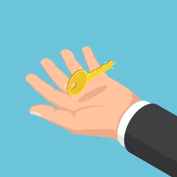 Vector illustration of Isometric businessman hand holding golden key.