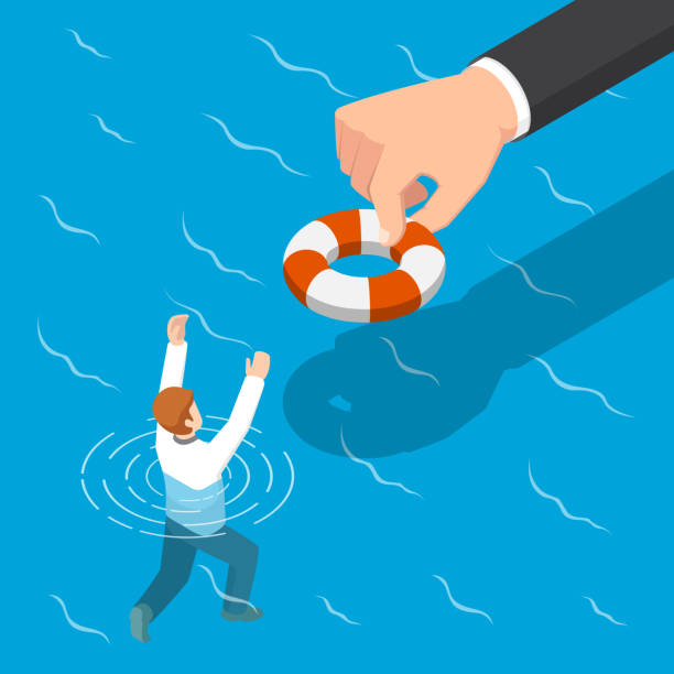 Isometric big hand giving a lifebuoy to help businessman. Flat 3d isometric big hand giving a lifebuoy to help businessman. Helping business to survive concept. survival illustrations stock illustrations