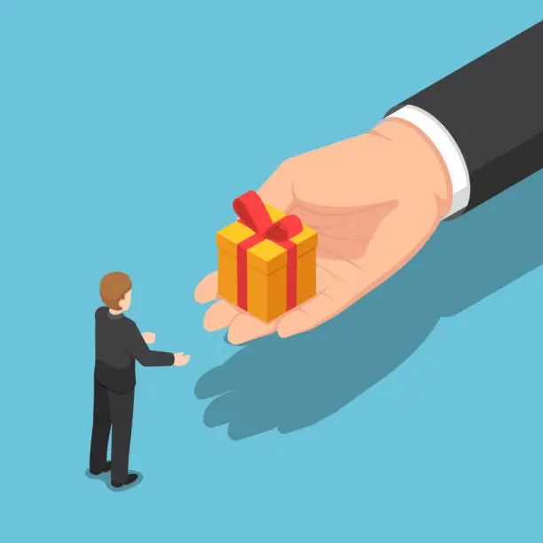 Vector illustration of Isometric hand giving gift box to businessman