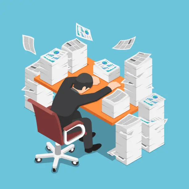 Vector illustration of Isometric tired businessman asleep at office desk with the pile of paper document