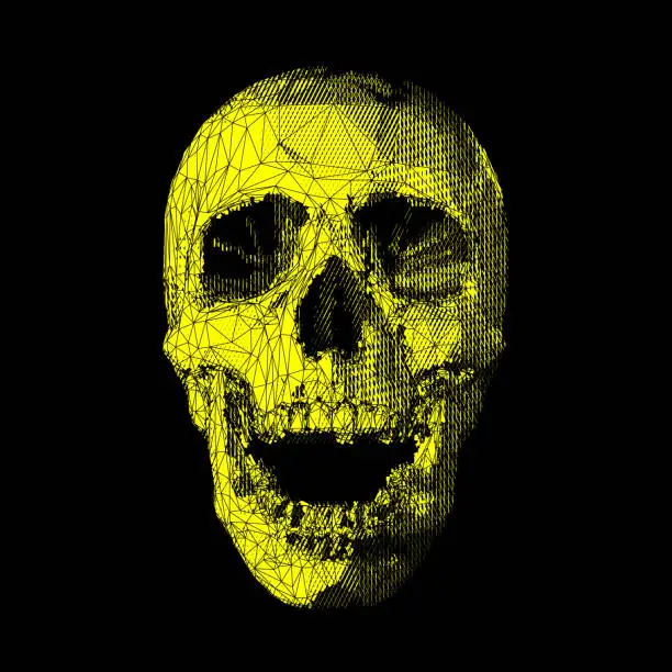 Vector illustration of Yellow polygonal striped skull on black BG