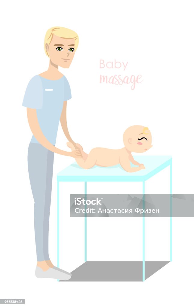 Baby massage for children. Flat isolated vector illustration. Baby massage for children. Flat isolated vector illustration. Blonde masseur in blue uniform doing massage for little girl Adult stock vector