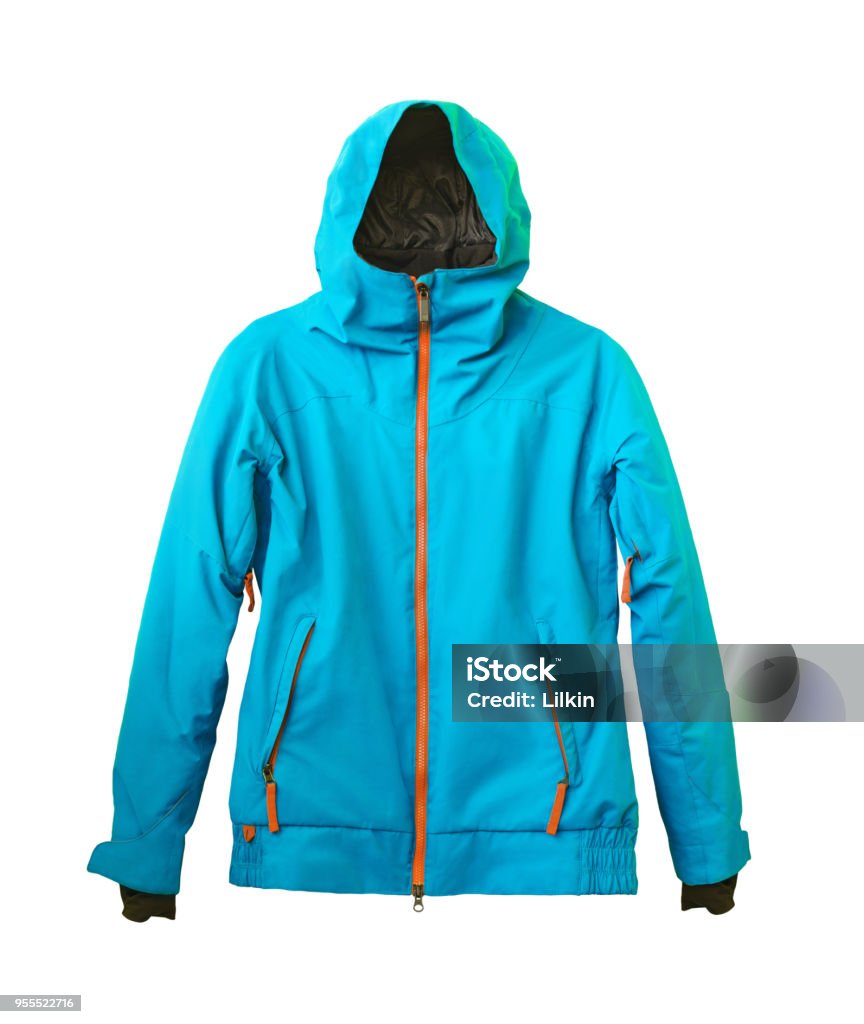 Ski membrane jacket isolated Winter ski blue jacket isolated on white background. Sports membrane clothes with hood, zipper and ventilation for mountain skiing or riding snowboard Jacket Stock Photo