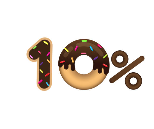 verkaufspreis 10 prozent und rabatt. schriftzug in form eines donuts mit glasur isoliert auf weißem hintergrund gemacht. verkauf von lebensmitteln. - low back stock-grafiken, -clipart, -cartoons und -symbole