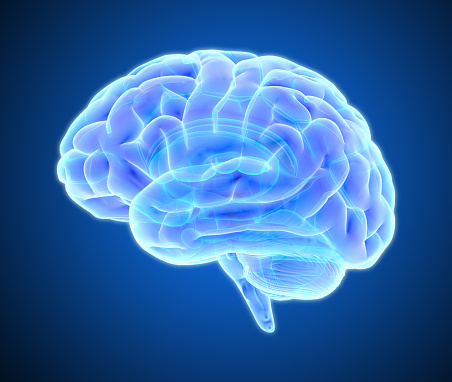 3D blue purple glowing xray brain illustration isolated on dark background with clipping path for die cut to use in any backdrop