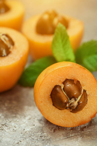istock Fresh ripe Loquat Nispero cuted with mint leafs on grey background. 955545290