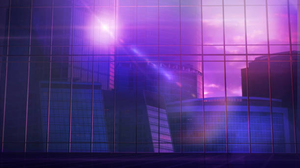 Large office building in front of a panoramic glass window.