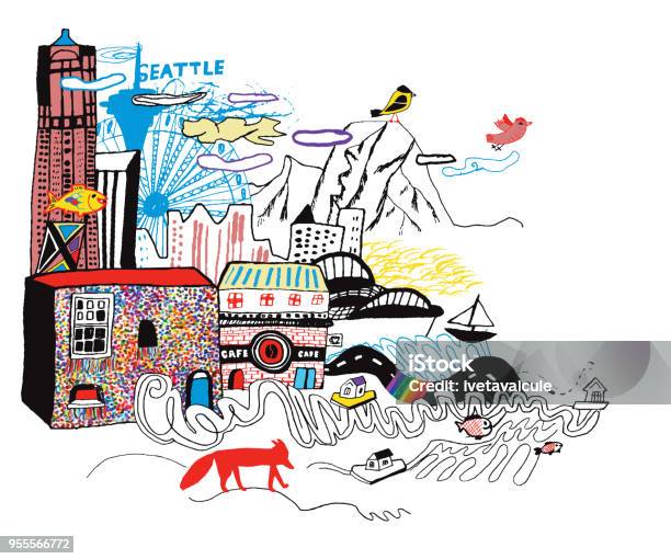 Seattle W Waszyngtonie Stany Zjednoczone - Stockowe grafiki wektorowe i więcej obrazów Seattle - Seattle, Miasto, Grafika wektorowa