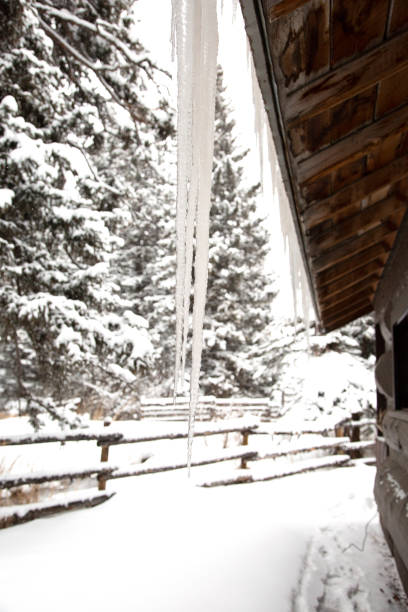istock Icicles Hanging From Log Cabin Roof 955569360
