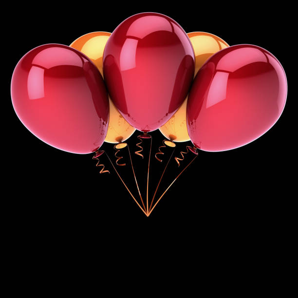 Balloons red orange five birthday party decoration. 5 helium balloon bunch, celebrate, anniversary invitation design element. 3d illustration, isolated on black background
